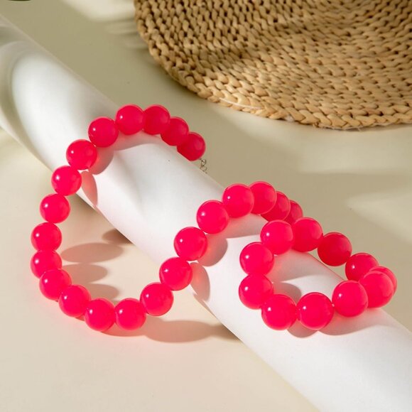 Women's Handmade Light Red Chunky Beaded Large Round Beads Bracelet Necklace - Picture 4 of 5